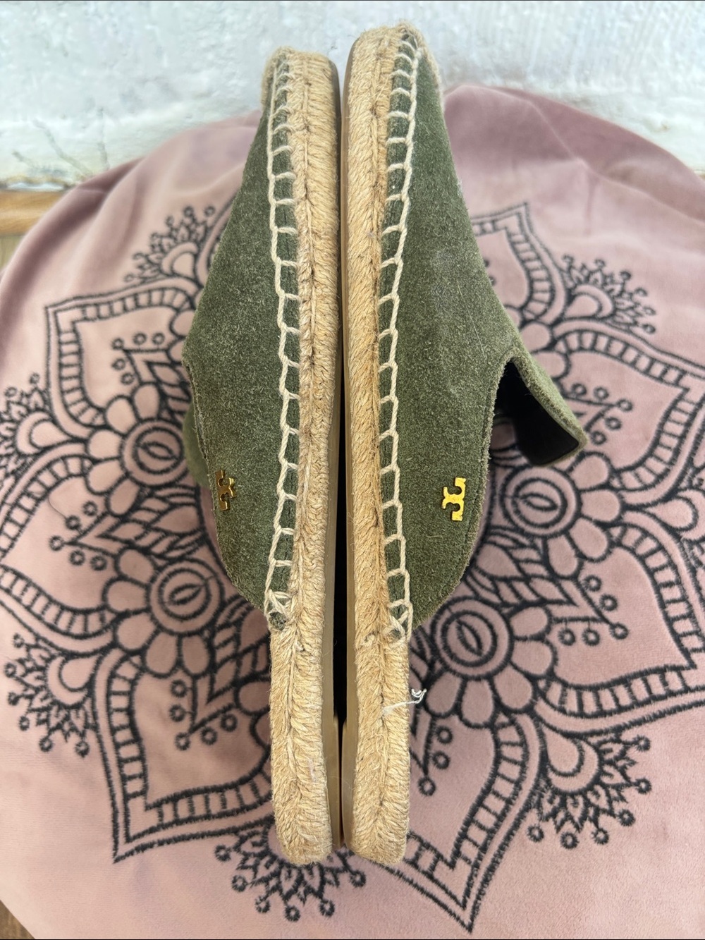 Tory Burch Suede Espardrille Olive Green Slide Leather Mules sz 6 - Picture 6 of 9